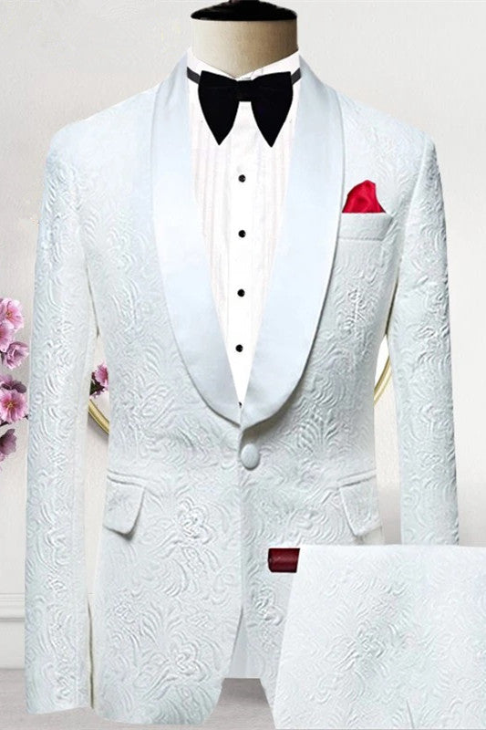 White Shawl Lapel Jacquard Men Suits For Wedding