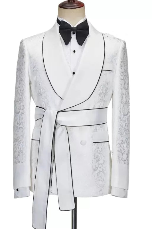 Shawl Lapel Jacquard White Wedding Suits