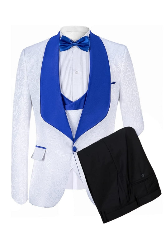 White Shawl Lapel Slim Fit Jacquard Men Suits For Wedding