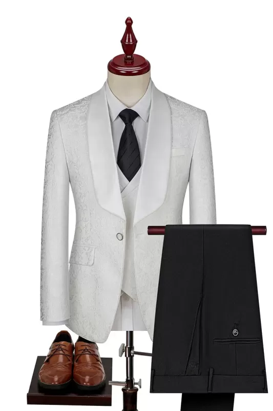 Shawl Lapel Three Pieces Jacquard White Prom Suits