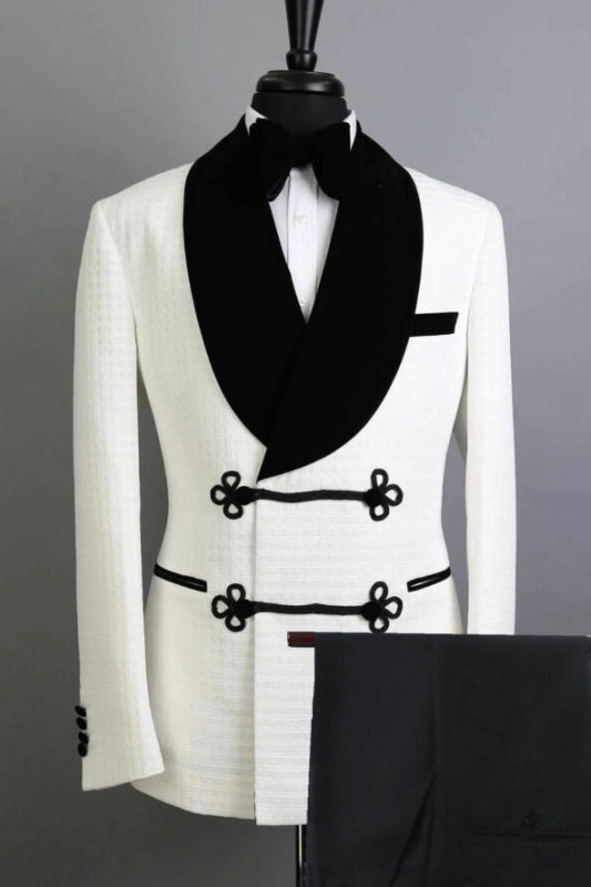 Shawl Lapel Two Pieces Close Fitting Jacquard White Wedding Suits