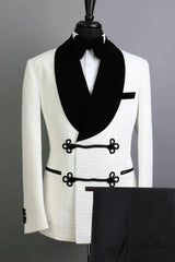 Shawl Lapel Two Pieces Close Fitting Jacquard White Wedding Suits