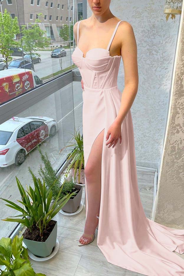 White Sleeveless Mermaid Spaghetti Strap Split Long Prom Dress With Ruffles