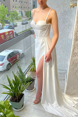 White Sleeveless Mermaid Spaghetti Strap Split Long Prom Dress With Ruffles