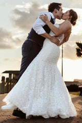 White Strapless Wedding Dresses Mermaid Lace Appliques-27dress