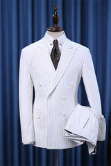 Striped Double Breasted Peaked Lapel Men White Business Suits