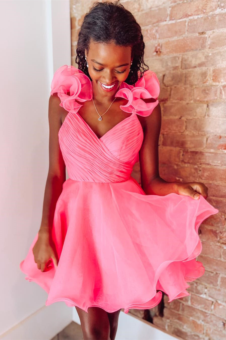 White Surplice Ruffles Straps Tulle Homecoming Dress