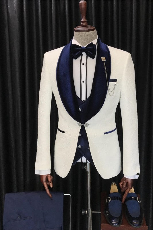 Three Pieces Jacquard White Wedding Suits With Navy Blue Shawl Lapel