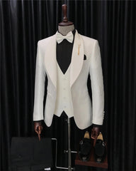 Three Pieces Shawl Lapel Jacquard White Wedding Suits For Men
