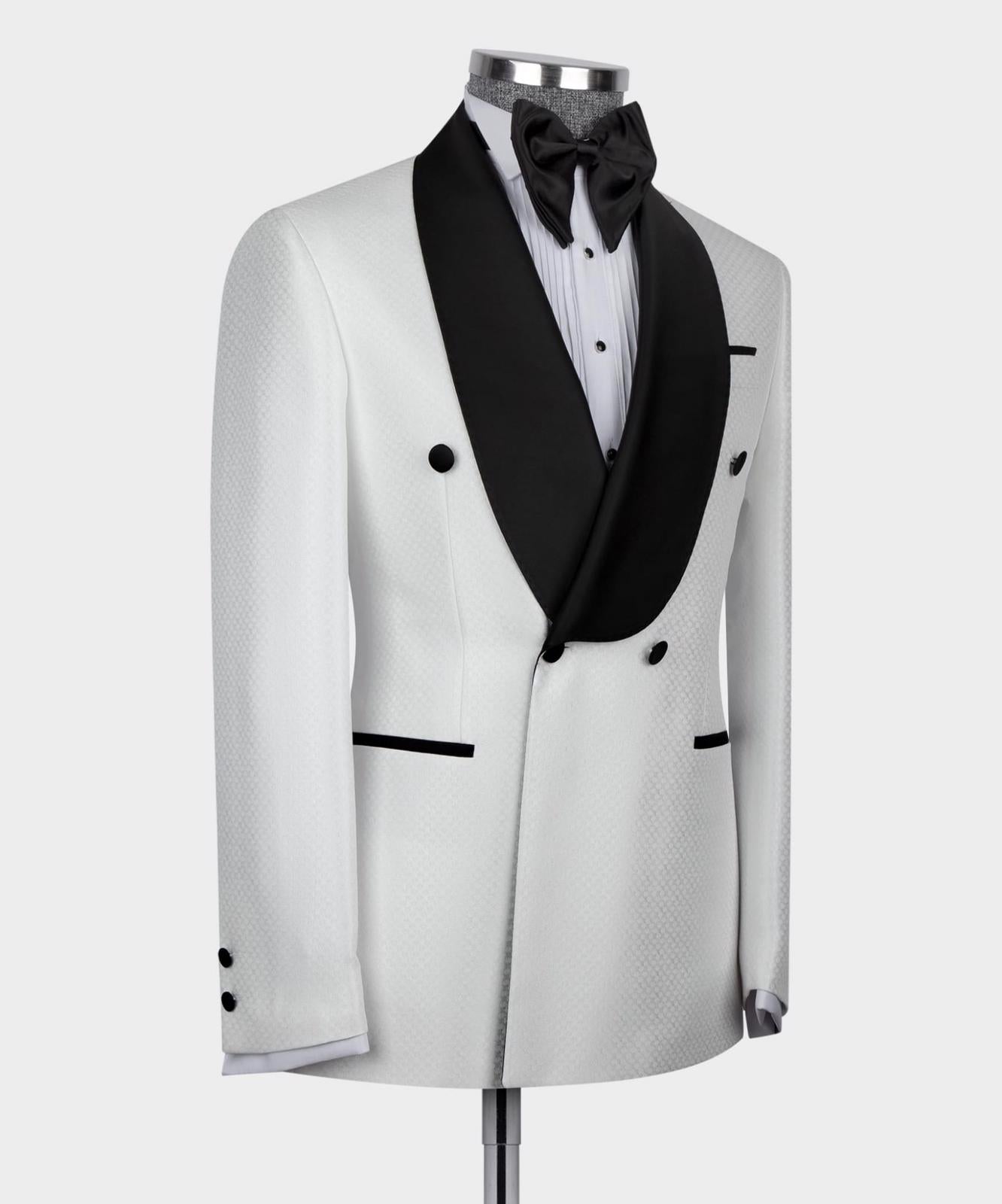 Two Pieces Double Breasted White Wedding Suits With Black Shawl Lapel