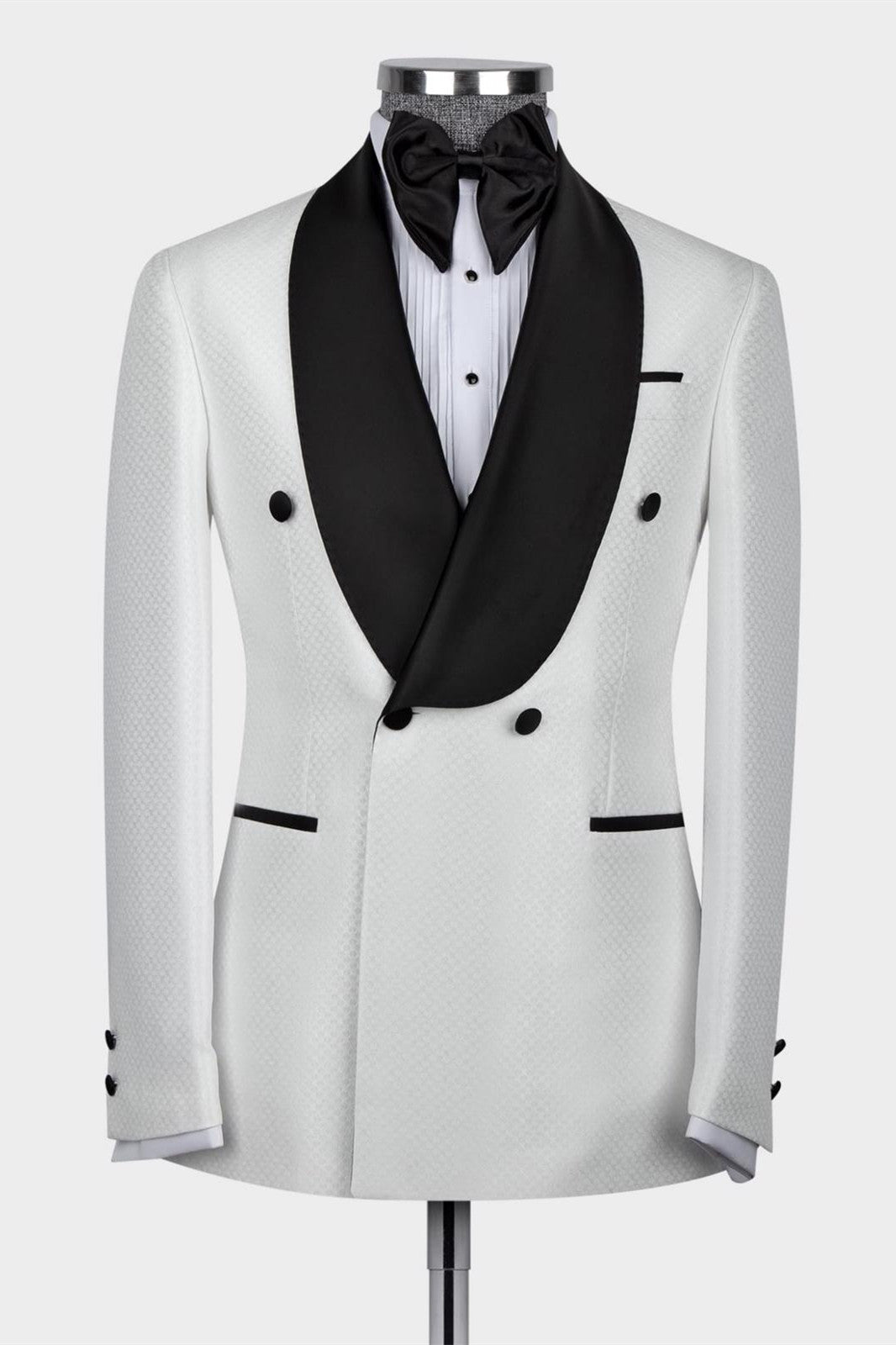 Two Pieces Double Breasted White Wedding Suits With Black Shawl Lapel