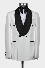 Two Pieces Double Breasted White Wedding Suits With Black Shawl Lapel