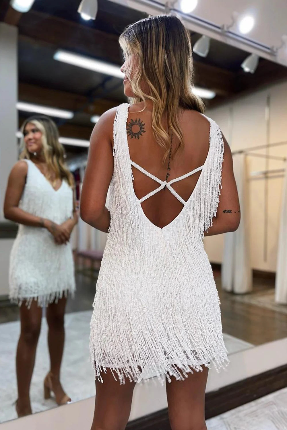 White V-Neck Backless Short Homecoming Dress with Fringes