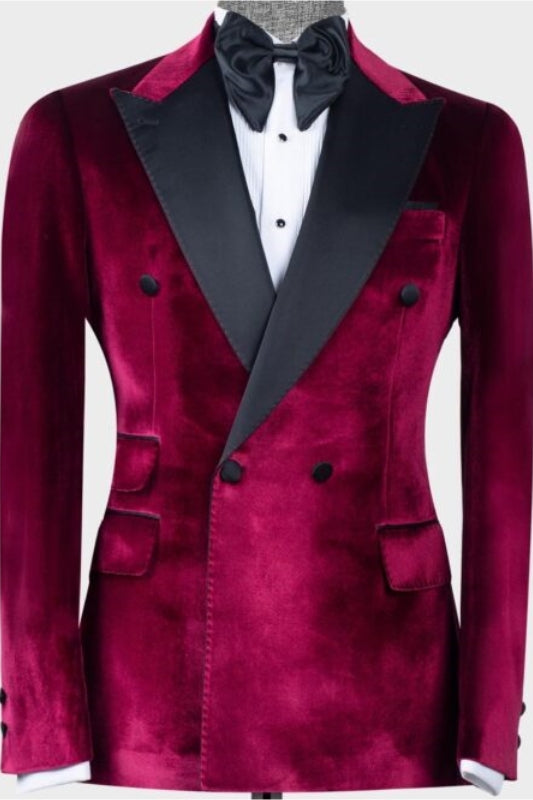 Wine Velvet Peaked Lapel Double Breasted Prom Suits