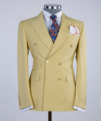 Double Breasted Peaked Lapel Men Yellow Prom Suits