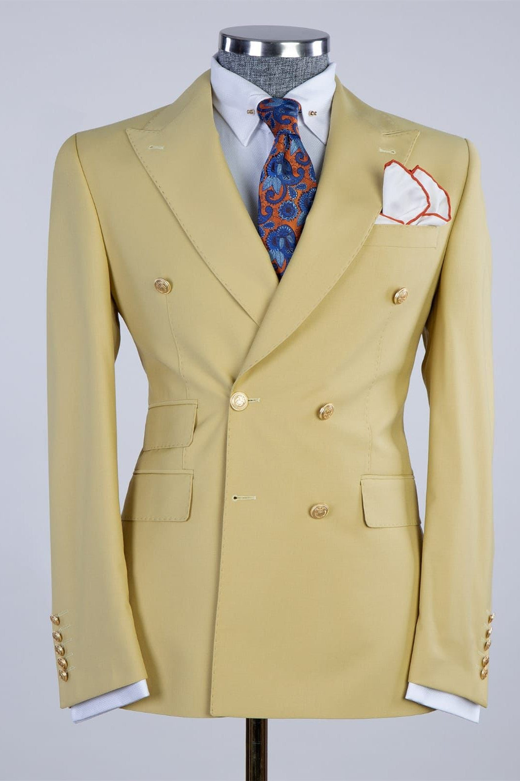 Double Breasted Peaked Lapel Men Yellow Prom Suits