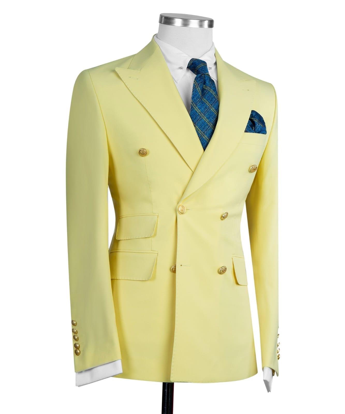 Fashion Double Breasted Peaked Lapel Men Yellow Prom Suits