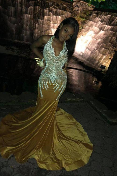 Yellow Halter Neck Mermaid Prom Dress Waist Skimming With Appliques