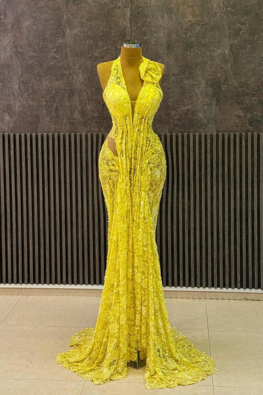 Yellow Lace Halter Neck Sleeveless Mermaid Long Prom Dress With Ruffles