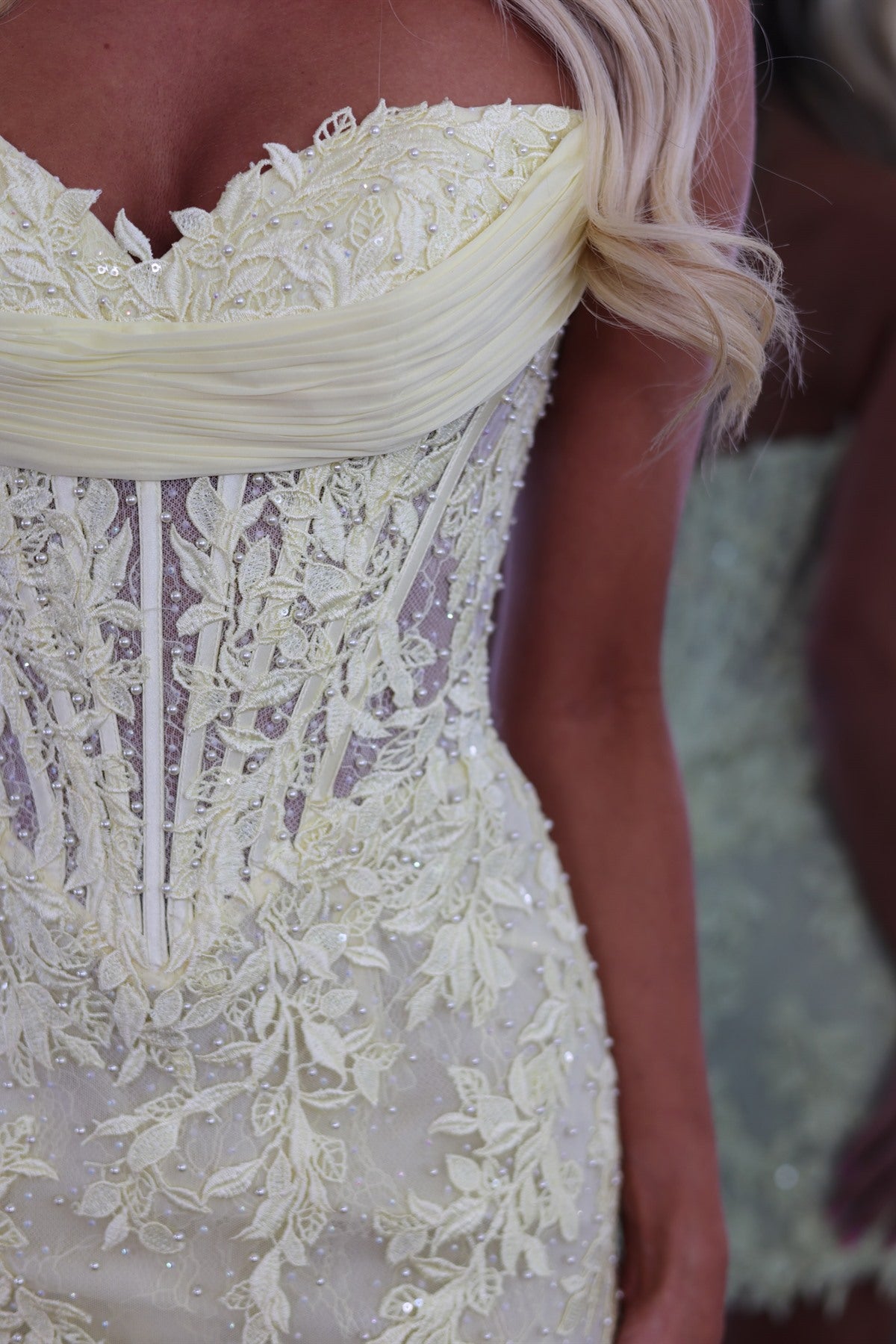 Yellow Lace Strapless Mermaid Short Homecoming Dress, Lace Bodice Detail