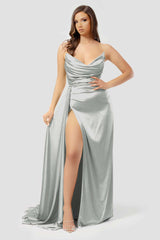 Yellow Long Prom Dress With Pleated High Slit Strapless Sleeveless