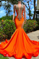 Orange Deep V-Neck Mermaid Long Prom Dress with Rhinestones